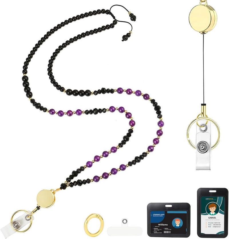 AIDSOTOU Lanyards for ID Badges and Keys,Natural Stone Beaded Teacher Lanyard for Women,Retractable Lanyard with ID Holder Cute Lanyards for Teachers (Purple) - Image 1